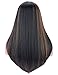 Kalyss Heat Resistant Yaki Human Hair Blended Wig with Hair Bangs Long Straight Layered Black Wigs with Brown Highlights Natural Looking Centre Parting Hair Replacement Wigs for Women