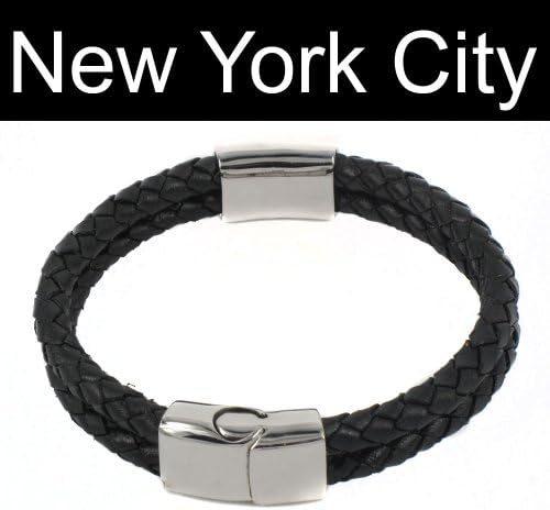 Black Braided Bolo Leather Bracelet Wristband Cuff Stainless Steel Lock Double Strand Cord