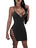 GOBLES Women Spaghetti Straps Sexy Bodycon Criss Cross Lace up Mini Dress