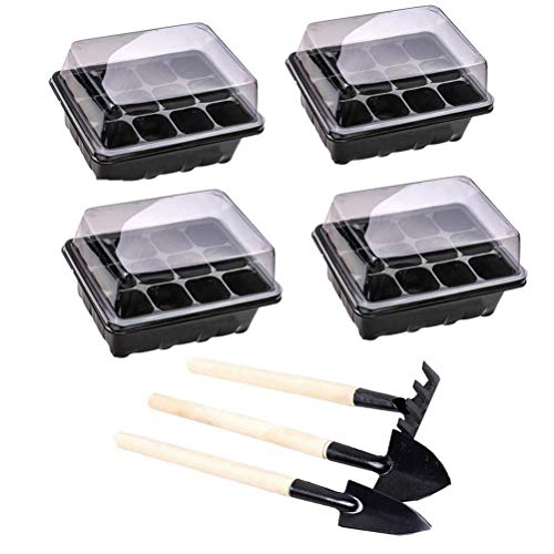 Eshylala 5 PCS 24 Cells Seedling Starter Pots Seeds Grow Box Case with Humidity Dome and Base & 3 Pcs Mini Garden Tools Cultivating and Weeding Flowers and Vegetable Seedlings