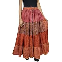 Womens Flare Skirt Silk Sari Orange Belly Dance Tiered Long Tiered Skirts L