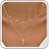 Ximdble Vintage Layered Cross Pendant Necklace Boho Pearl Choker Necklace Gold Cross Choker Necklace Pearl Station Chain Necklace for Women
