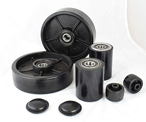 Pallet Jack/Truck Full Set (8 pcs) Steering Wheels 7"x 2" Pair with Front Load Roller 3" x 3.75" Pair with Bearings ID 20mm Poly Tread Black with Entry Exit Roller and Protective Caps