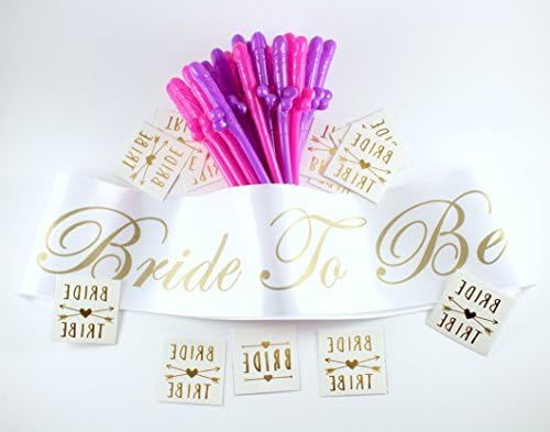 Bachelorette Party Favors | White Bridal Veil with Comb and Bride to Be Sash, Gold Bride Tribe Tattoos, Party Straws | Perfect for Parties, Bridal Showers | Decorations Kit Supplies Set 44 pcs