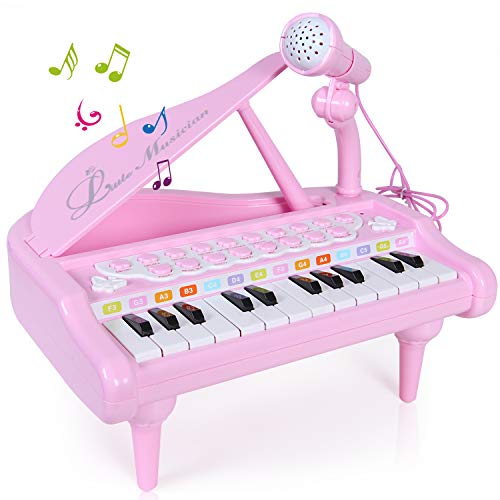 Musical Toy, Piano Keyboard Toy 24 Keys Electronic Educational Musical Instrument with Microphone Light and Song, Learn-to-Play, Audio Link with Mobile MP3 IPad, Pink