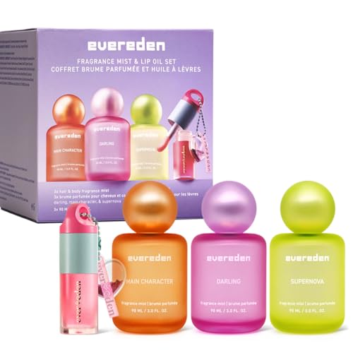 Evereden Kids Fragrance Gift Set – 3 Hair & Body Mists + Tinted Lip Oil | Clean, Vegan, Non-Toxic Scents for Girls & Teens | Fun Self-Care Gift Box with Aesthetic Collectible Bottles
