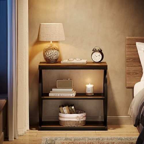 Tribesigns End Table, Narrow 3-Tier End Table for Living Room, Industrial Wooden Side Table with Metal Frame, Small Bedside Nightstand for Bedroom, Small Spaces, Rustic Brown