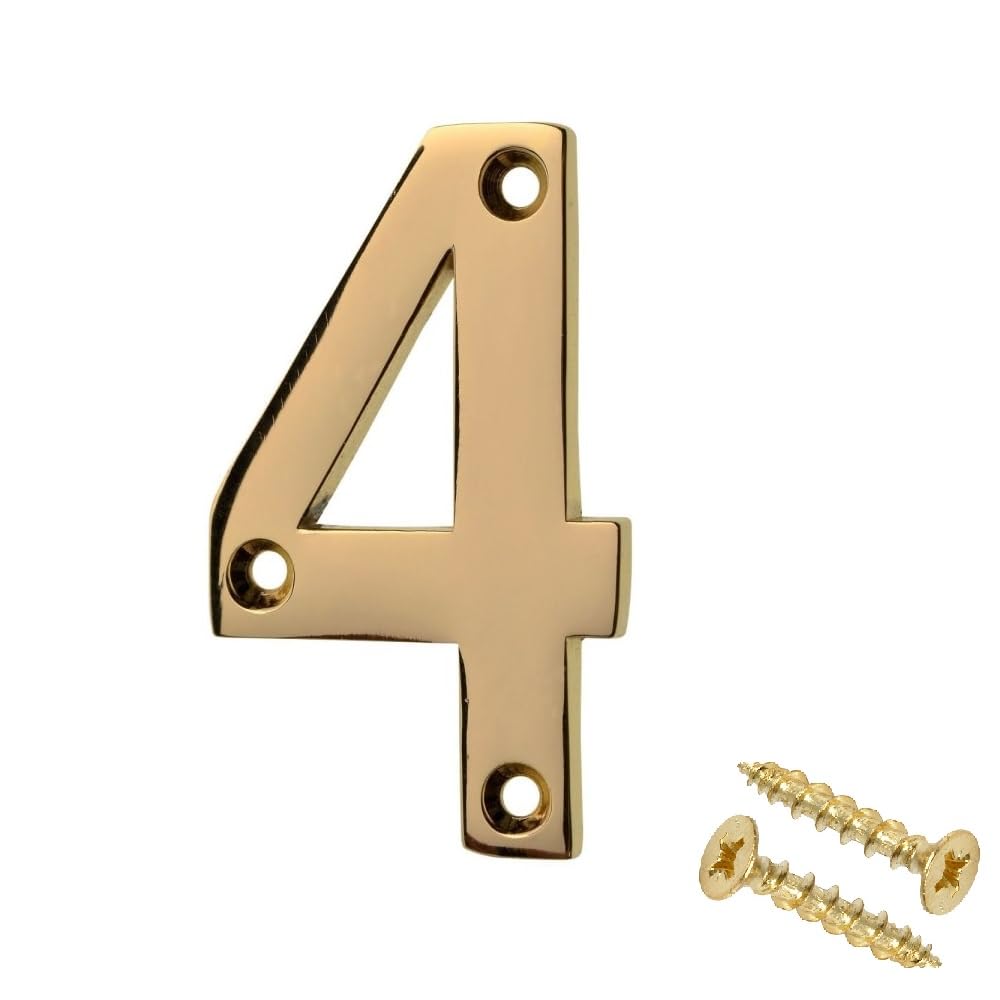 Merriway BH04230 Solid Brass Number Polished and Lacquered Number 4, 75 mm, 3 inch