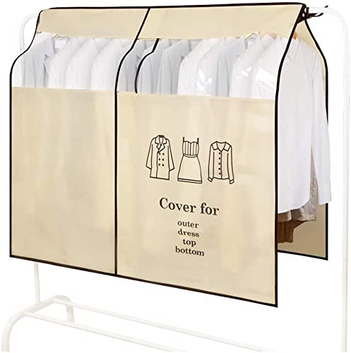 Dust Protection Clothes Cover Breathable 120 x 120 cm, Thicker Garment Bag, Long Dustproof Protection Against Moisture, Coat Stand, Clothing, Transparent Window with Fastening (Beige)