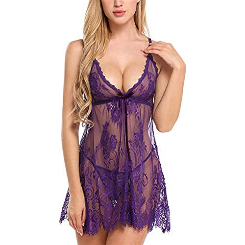 CofeeMO Women's Sexy Slim Lace Underwear, Perspective Soft Pajamas Suit,G-String & Camisole(Purpleï¼ŒXL)