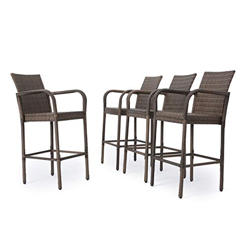 Christopher Knight Home Delfina Outdoor Wicker Barstools with Iron Frame, 4Pcs Set, Mix Mocha