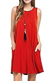 Fashion Beach Summer Dress For Women Red Solid Color Plain Cotton Soft Sleeveless Size XL
