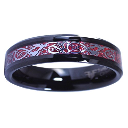 Fantasy Forge Jewelry Black Tungsten Red Celtic Dragon Ring 6mm Wedding Band