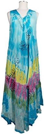 Women's Indian Multi Colors Rainbow Print Tie Dye Free Size Sleeveless Rayon Dress (BLUE)