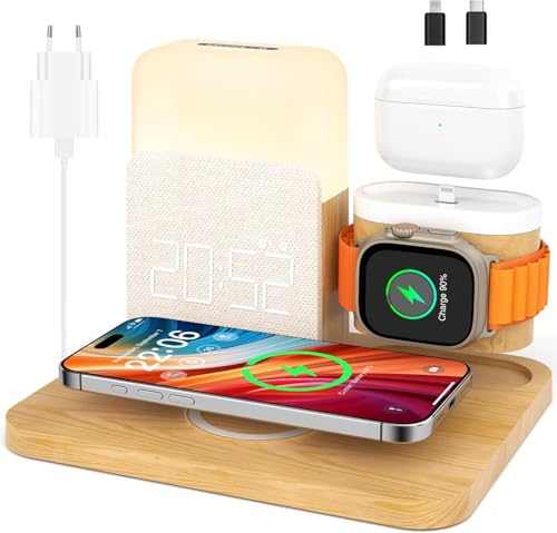 COLSUR 7 in 1 Induction Charger for Apple Watch iPhone AirPods, Samsung Charging Station, Bedside Lamp, Touch Room, Alarm Clock, Phones Accessories Wireless 17/16/15/14/13, Room Decoration