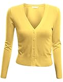 Doublju V-Neck Button Down Fine Knit Crop Cardigan (Plus size available) YELLOW LARGE