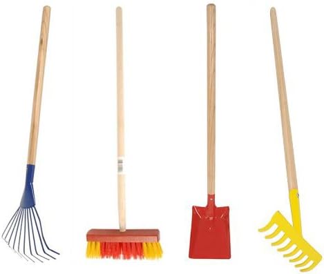 4tlg Set Metall Kindergartengerate Gartengerate Schaufel Besen Rechen Laubbesen Harke Holzstiel Amazon De Garten
