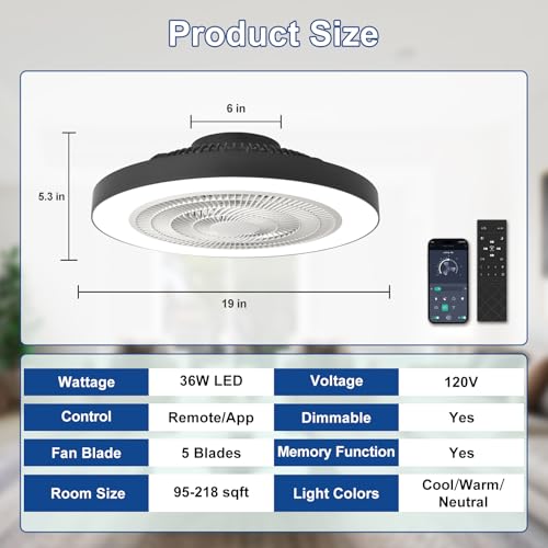 Depuley Recessed Ceiling Fan: 20 inch Discreet Ceiling Fans for Bedroom with Lighting - Application and Remote Control Black Bladeless Fan for Kitchen