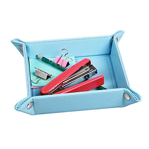 PUSU Valet Trays Beside Table Desktop Storage, Leatherette Keys Caddy Bedside Dresser Organizer Catchall Tray Dice Change Coins Wallet Jewelry Makeup Trinkets (Blue)