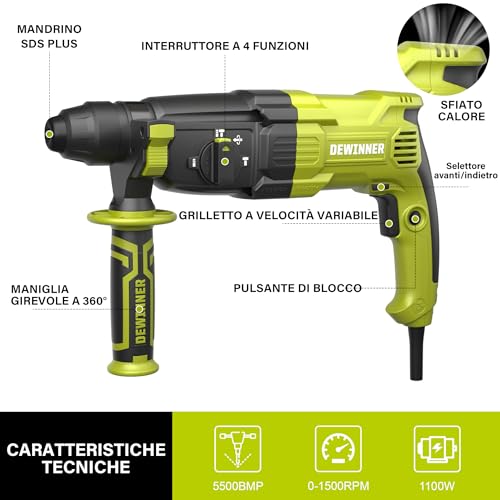 DEWINNER Hammer Punch 1100 W 3.4 J, 0-1500 RPM/5500 BPM with 4 Functions and Safety Clutch, 20 Accessories Including Concrete Hole Saws, Variable Speed, Concrete, Steel, Wood