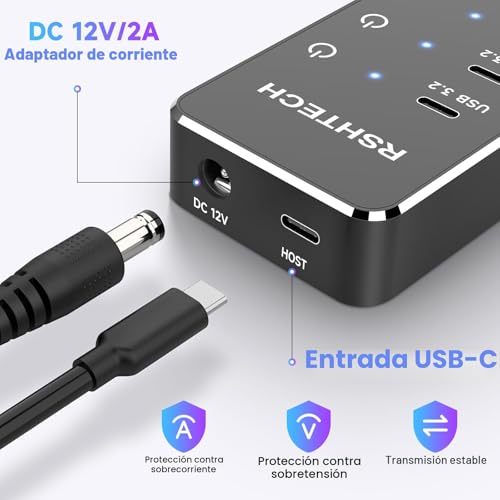 USB Powered Hub, RSHTECH 10 Ports USB 3.2/USB C Hub with 3X 10Gbps Data Port (2C+1A), 7X 5Gbps 3.0 Ports (4C+3A), Power 12V/5A 60W, Single Switches USB HUB, RSH-ST10C-6