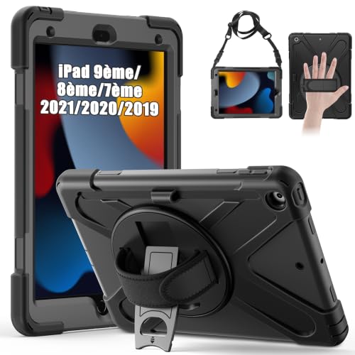 Gerutek Shockproof Case for iPad 9th/8th/7th Generation, 10.2 Inch, Rugged Armor Case with Rotating Stand, Hand Strap & Shoulder Strap, Pen Holder, Sleeve for iPad 10.2 Inch (2021/2020/2019), Black