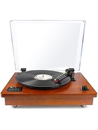 1byone Belt Driven Bluetooth Turntable with Built-in Stereo Speaker, Vintage Style Record Player, Vinyl-To-MP3 Recording, Natural Wood