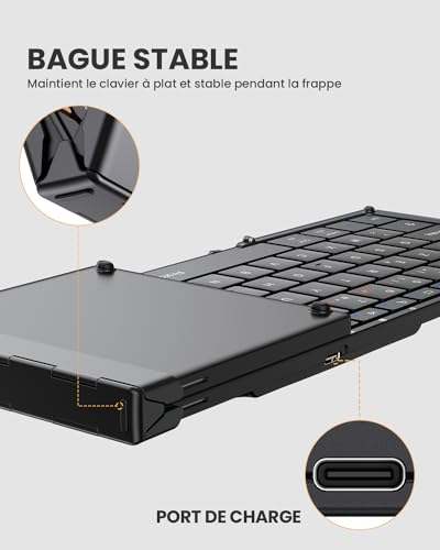 ProtoArc XK01 Foldable Bluetooth Keyboard, AZERTY Portable Wireless Keyboard with Numeric Keypad, Full-Size Rechargeable Folding Keyboard for Android Windows iOS Phone Tablet iPad