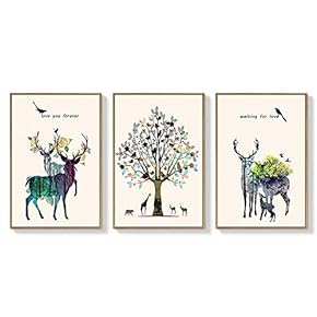 3 Piece Framed Canvas Wall Art for Living Room, Bedroom Abstract Deer Prints for Home Decoration Ready to Hang - 16"x24"x3 Panels