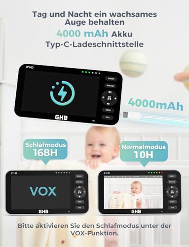 GHB Baby Monitor with Camera 5 Inch 720P HD Display with up to 168 Hours Battery Life in VOX Sleep Mode Split Screen Display Night Vision 4X Zoom Swivelling