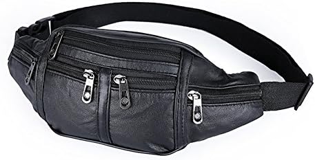 XMCOWAYOU Waist Pack Black Leather Large Size 7 Pockets Fanny Pack