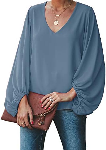 Ofenbuy Womens Chiffon Blouses Puff Long Sleeve V Neck Elegant Casual Oversized Shirts Tops
