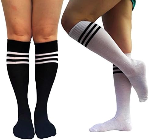 ELLITE Women Striped Stockings White Black Rainbow Athletic Soccer Tube Knee High Socks