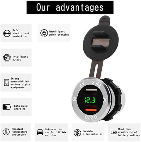 DOOGL Quick Charge 3.0 Car Charger Aluminum Waterproof Dual QC3.0 USB Fast Charger Socket Power Outlet With LED Digital Voltmeter For Marine Boat Motorcycle Truck-Green light-Silver