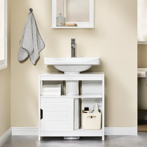 SoBuy Mueble para Baño Armario Baño Lavabo Mueble Bajo Lavamanos Armario Organizador Pedestal Sink Cabinet Ideal para Almacenamiento y Organización del Baño(Desagüe al Suelo, Blanco FRG128-II-W)