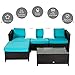 Peach Tree 5 PCs Outdoor Furniture Sectional Sofa with Ottoman and Glass Table Set Patio Black PE Rattan Wicker Sofa with Turquoise Cushions