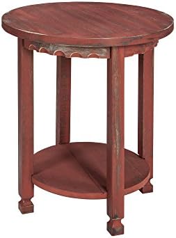 Rustic Cottage Round End Table with 1 Shelf, Red Antique