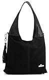 Agnes by ''LiaTalia'' Womens Girls Genuine Italian Suede and Soft Leather Hobo Shopper Shoulder Tote Handbag [Black - Black Trim]