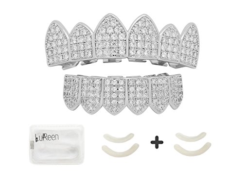 Lureen 14k Gold Plated Rainbow Color Iced Out CZ Vampire Fangs Grillz Set + 2 EXTRA Molding Bars (Silver Set)