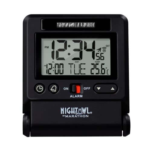 MARATHON Atomic Travel Alarm Clock with Auto Night Light, Black 12 or