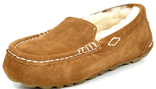 DREAM PAIRS AUZY-01 New Women's Winter Comfort Suede upper lined with Soft Sheepskin Fur Slip On Lady Slipper Flats Shoes CHESNUT SIZE 10