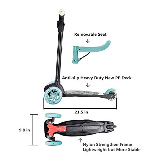 New Olym Kids Scooter for Toddlers 3 Wheel Kick Scooter with Removable Seat Great for Big Boys Girls Adjustable Handlebars LED Light up Wheels Y Glider Toys Children Age 2-6 Years Green