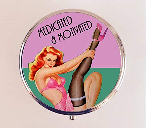 Funny Pin Up Girl Pill box Pillbox Case Holder Stash Box Medicated and Motivated Pinup Girl Humor Retro