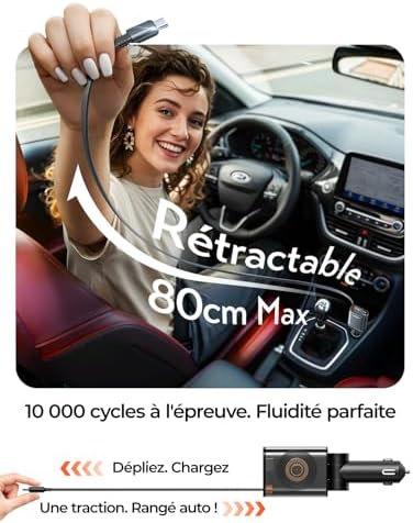 Chargeur Voiture Allume Cigare USB C,Chargeur 3-en-1 57W avec Câble Rétractable, Accessoire Voiture Interieur Cabriolet pour iPhone 17 16 15 Air Pro Max Samsung S25 S24 Ultra Xiaomi 14T 15