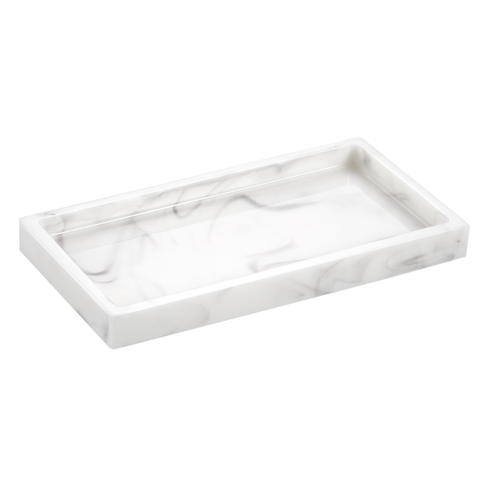 Emibele Jewelry Organizer Resin Tray, Bathroom Kitchen Dresser Vanity Tray Jewelry Dish Ring Holder Cosmetic Organizer for Candle Perfume Soap Shampoo Small Plant Home Decor, Mini Size - Marble White
