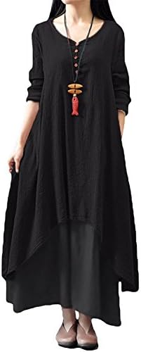 ZNndjq Women Boho Dress Casual Irregular Maxi Dresses Vintage Loose Long Sleeve Cotton Linen Dress,S-5XL BlackLarge hey