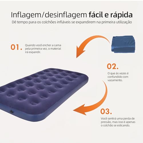 Colchão Inflável Solteiro Azul 186x96x22cm, Colchão de Ar em PVC com Revestimento de Flanela, Colchonete Inflável com Estrutura Honeycomb