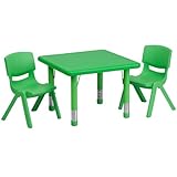 Flash Furniture 24'' Square Green Plastic Height Adjustable Activity Table Set with 2 Chairs