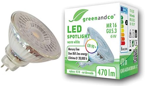 greenandco® CRI 90+ 3000K 110° LED spot Replaces 25 Watt GU5.3 MR16 Halogen Spotlight, 6W 360 Lumen Warm White 12V AC/DC, not dimmable