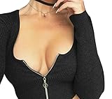 Faithtur Sexy Stretch Zip Front Ribbed Crop Top Solid Basic Fitted Shirt